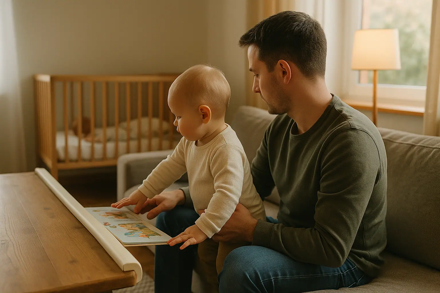 Vater sitzt mit Baby auf dem Sofa und schaut gemeinsam ein Bilderbuch an; im Hintergrund steht ein Babybett.