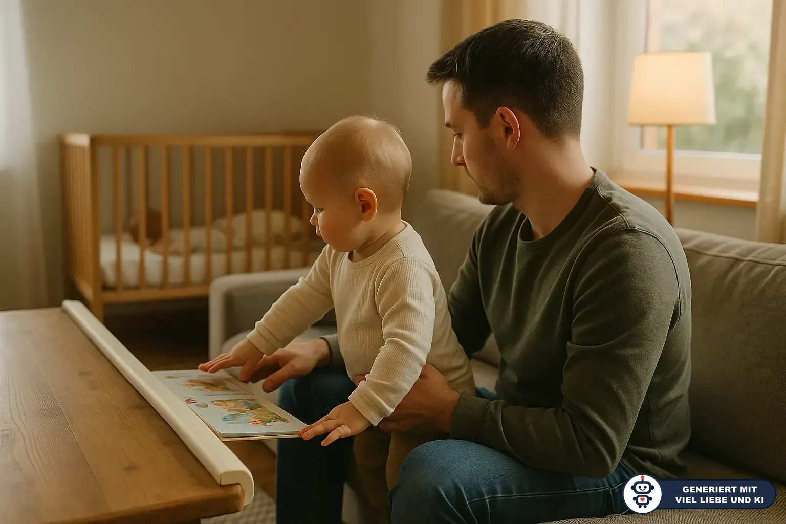 Vater sitzt mit Baby auf dem Sofa und schaut gemeinsam ein Bilderbuch an; im Hintergrund steht ein Babybett. (mit KI erstellt)