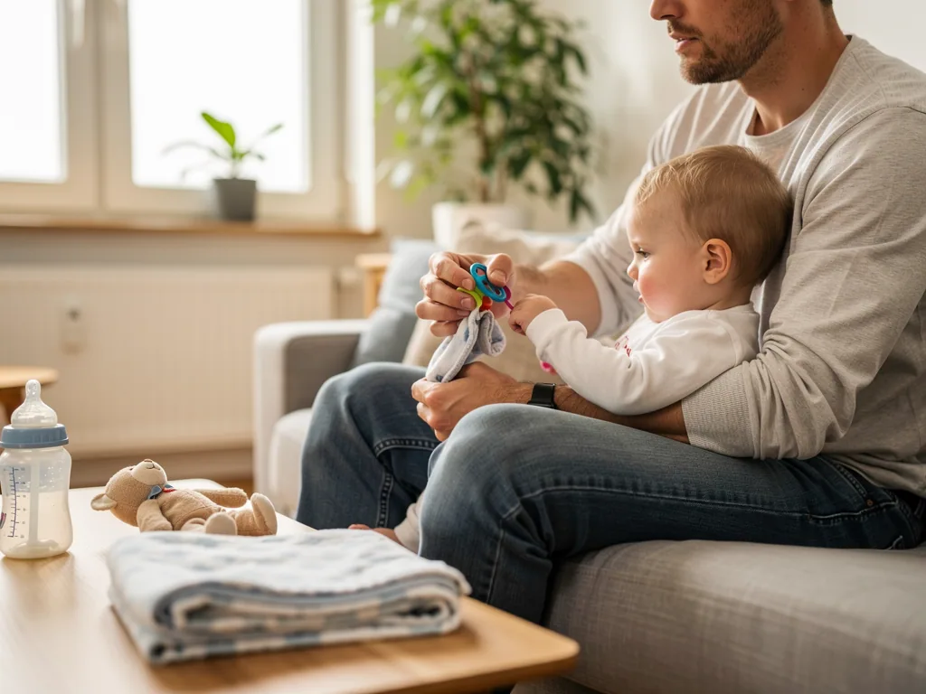 Vater sitzt mit Baby auf dem Sofa und zeigt ihm einen bunten Schnuller; Fläschchen und Babydecke liegen auf dem Tisch.