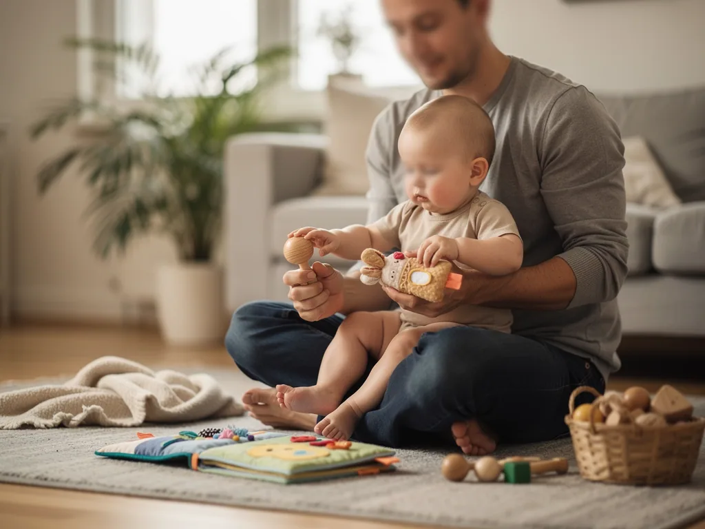 Vater sitzt mit Baby auf dem Teppich und bietet Holzball, Stofftier und Fühlbuch zum Erkunden an.