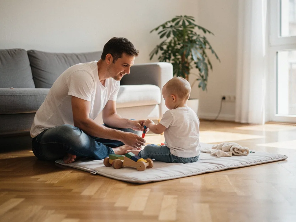 Vater sitzt mit Baby auf einer Spielmatte im Wohnzimmer und spielt mit Bauklötzen und Holzauto.