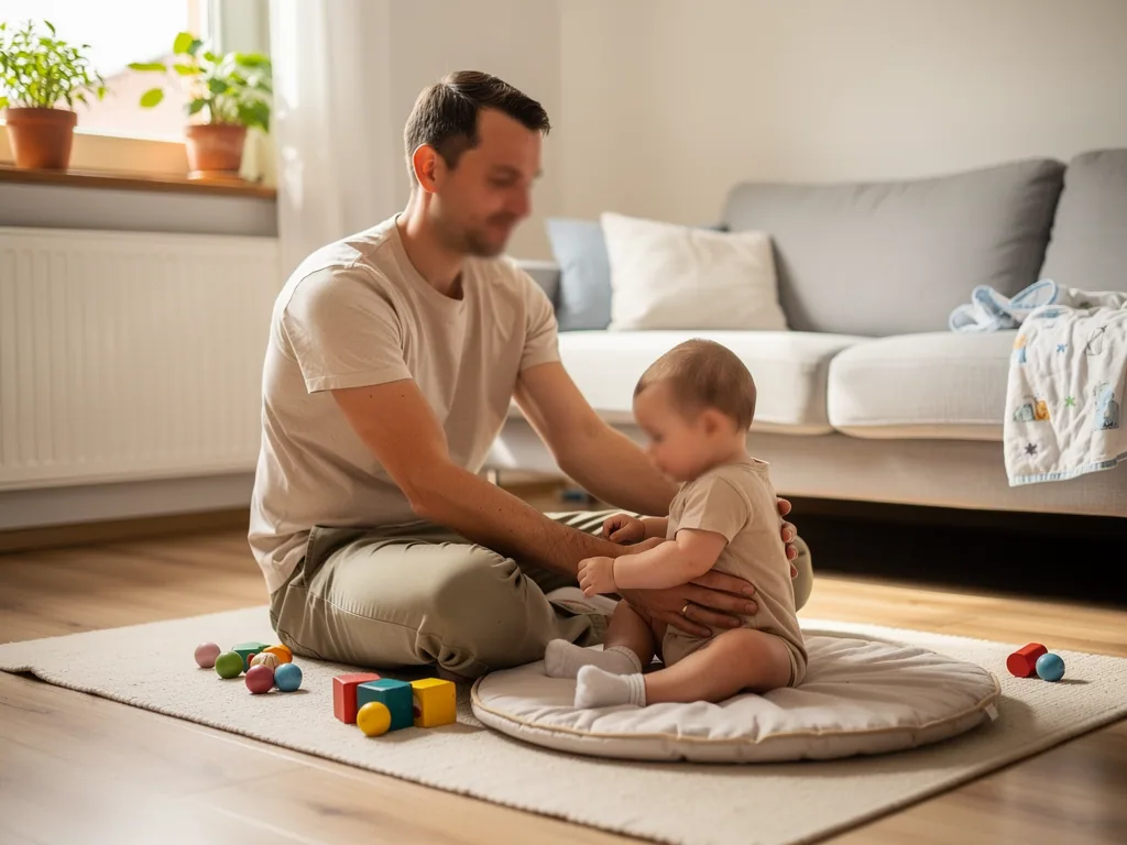 Vater sitzt mit Baby auf Spielmatte im Wohnzimmer, bunte Bauklötze liegen daneben.