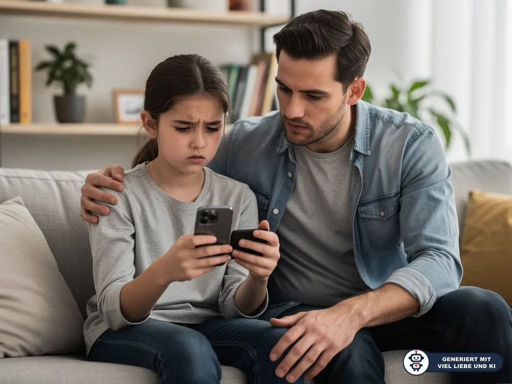 Vater sitzt mit besorgter Tochter auf dem Sofa, beide schauen auf ihre Smartphones. (mit KI erstellt)