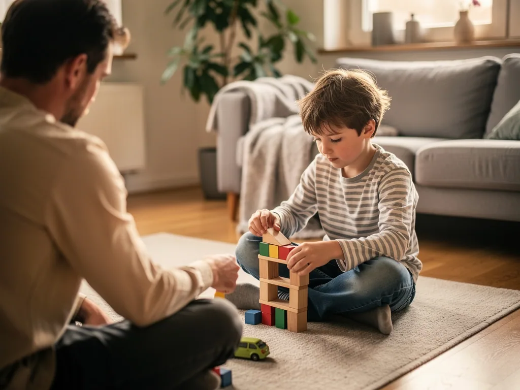 Vater sitzt mit einem Jungen im Wohnzimmer auf dem Teppich und spielt mit Holzbausteinen.