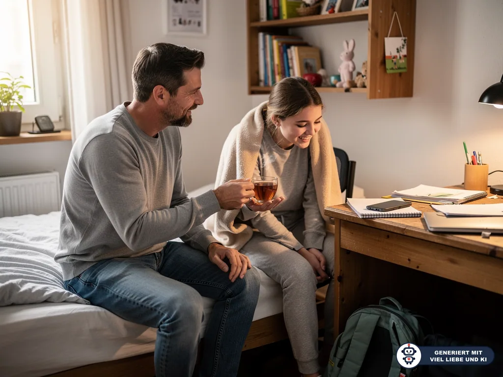 Vater sitzt mit Jugendlicher im Kinderzimmer auf dem Bett und reicht ihr eine Tasse Tee am Schreibtisch. (mit KI erstellt)