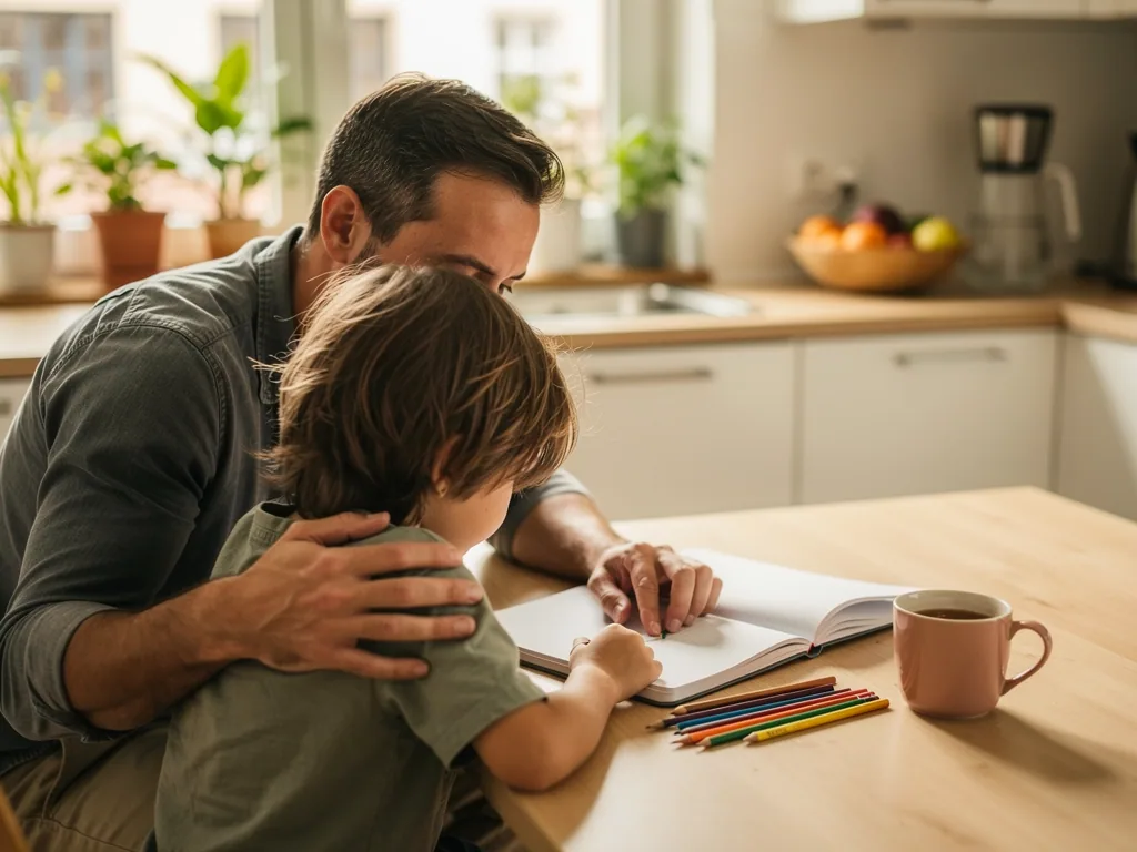 Vater sitzt mit Kind am Küchentisch, legt den Arm um es und betrachtet gemeinsam ein offenes Heft.