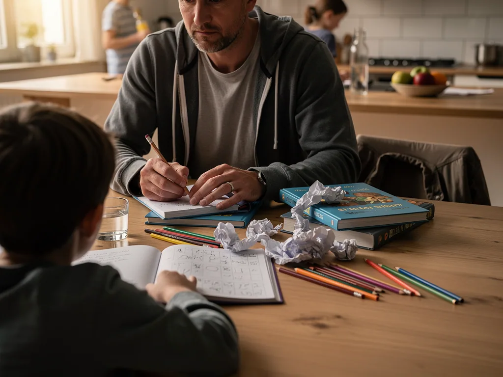 Vater sitzt mit Kind am Küchentisch und begleitet Hausaufgaben zwischen Heften, Stiften und zerknülltem Papier.