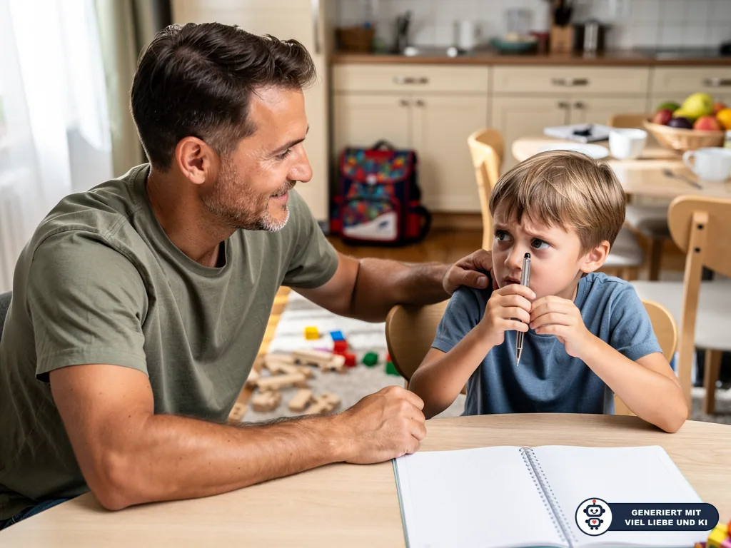 Vater sitzt mit Kind am Küchentisch vor einem offenen Heft; das Kind hält nachdenklich einen Stift. (mit KI erstellt)
