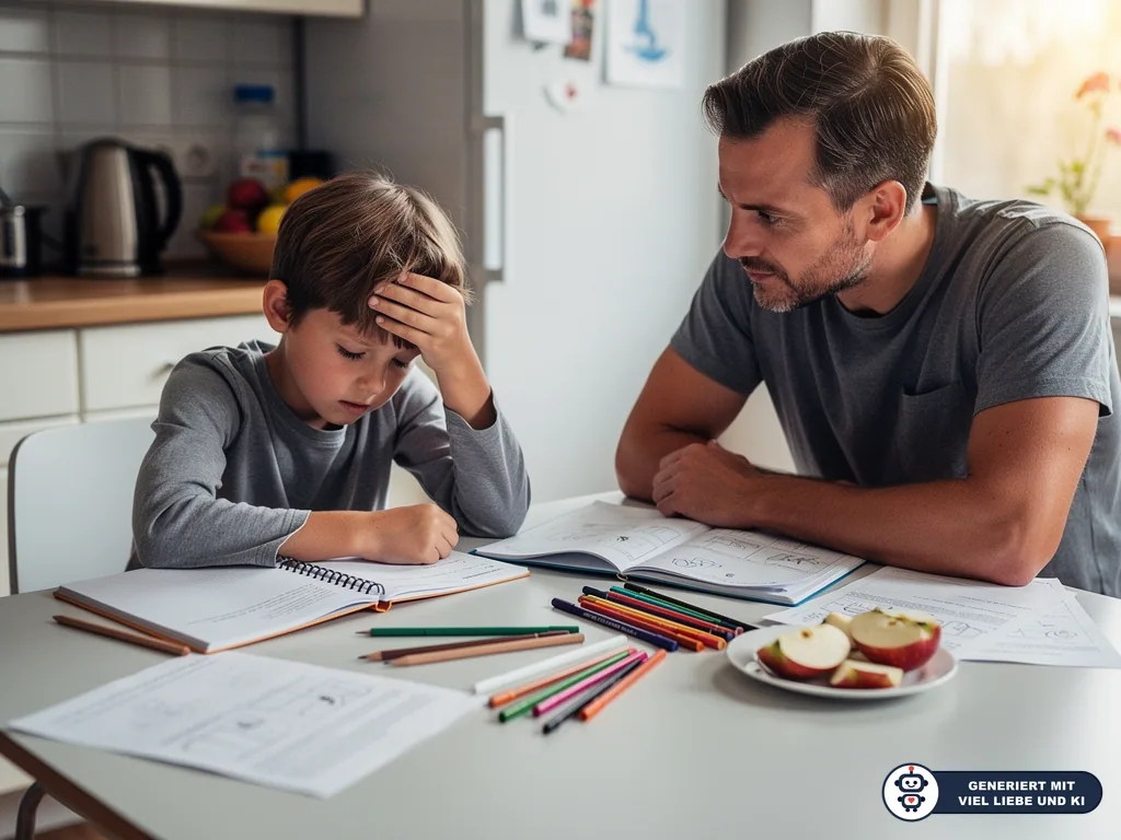 Vater sitzt mit Kind am Küchentisch vor Hausaufgaben, das Kind stützt müde den Kopf in die Hand. (mit KI erstellt)