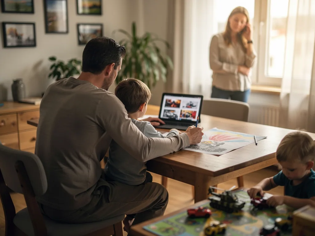 Vater sitzt mit Kind am Tisch vor einem Laptop, Mutter telefoniert im Hintergrund, jüngeres Kind spielt am Boden.