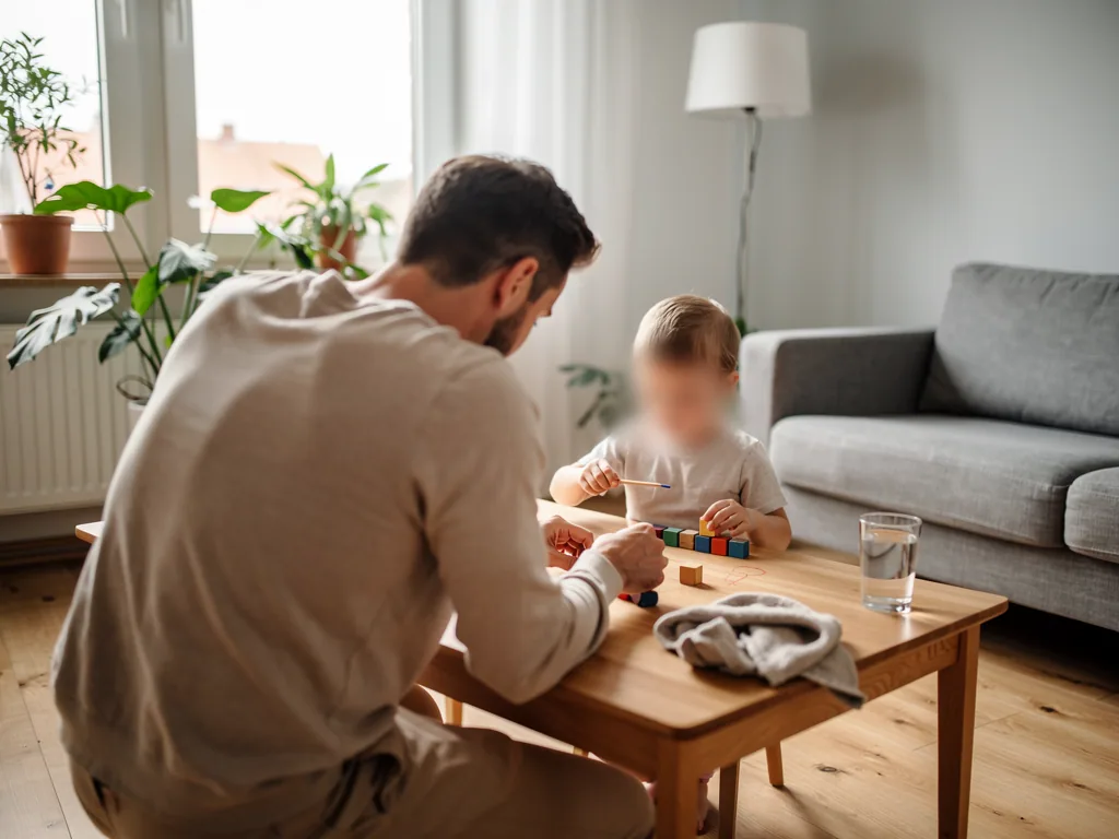 Vater sitzt mit Kind am Wohnzimmertisch und spielt mit Stiften und Bauklötzen; das Gesicht des Kindes ist unscharf.