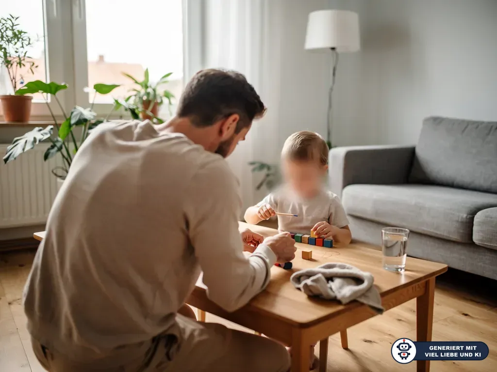 Vater sitzt mit Kind am Wohnzimmertisch und spielt mit Stiften und Bauklötzen; das Gesicht des Kindes ist unscharf. (mit KI erstellt)