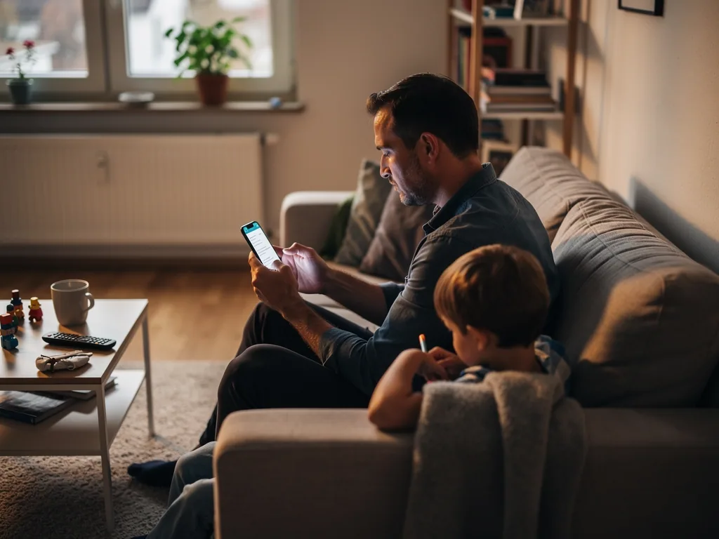 Vater sitzt mit Kind auf dem Sofa und liest Nachrichten auf dem Smartphone im Wohnzimmer.
