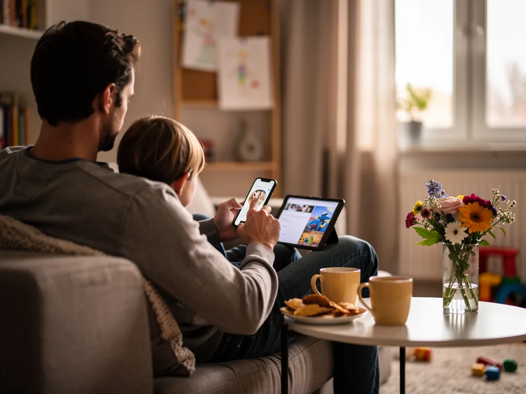 Vater sitzt mit Kind auf dem Sofa und nutzt Smartphone und Tablet zur Online-Partnersuche im Wohnzimmer.