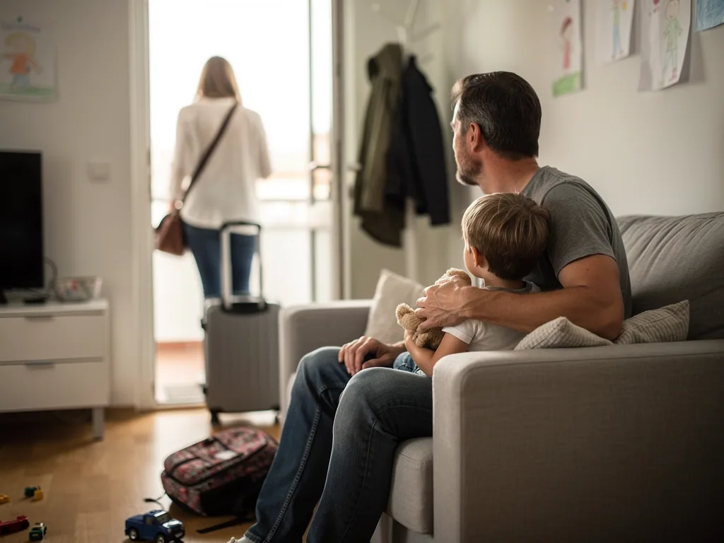 Vater sitzt mit Kind und Kuscheltier auf dem Sofa, während eine Frau mit Koffer die Wohnung verlässt.
