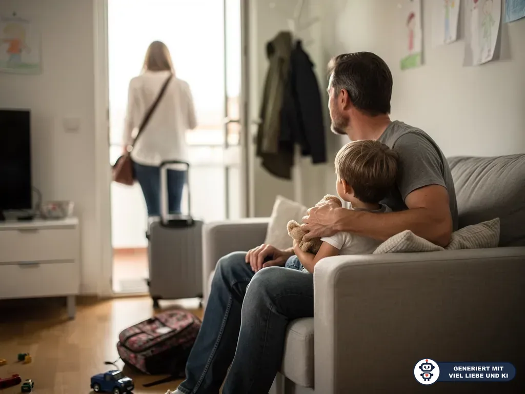Vater sitzt mit Kind und Kuscheltier auf dem Sofa, während eine Frau mit Koffer die Wohnung verlässt. (mit KI erstellt)