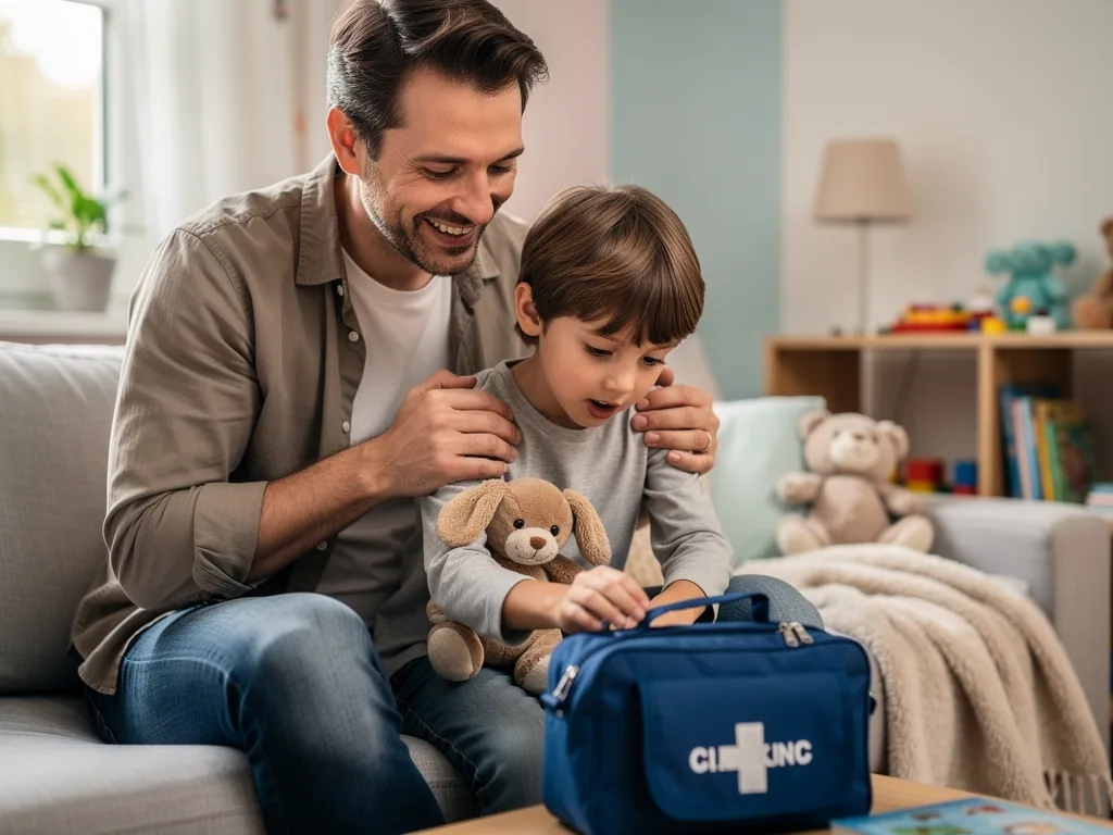 Vater sitzt mit Kind und Stoffhund auf dem Sofa und packt gemeinsam eine blaue Kliniktasche.