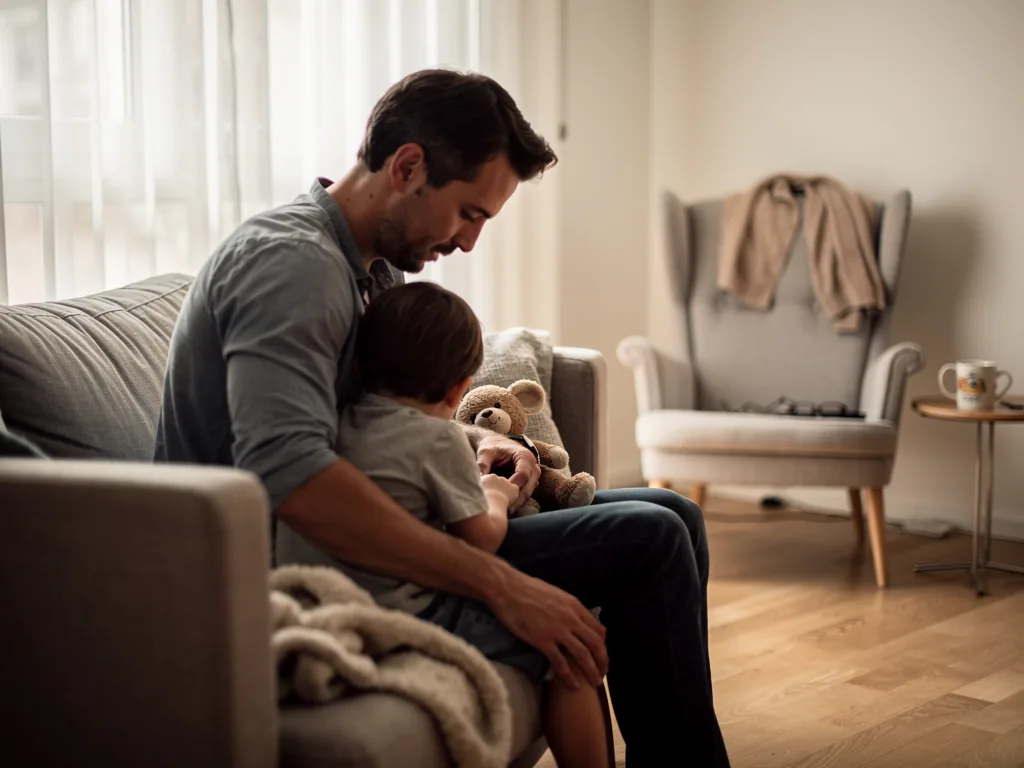 Vater sitzt mit kleinem Kind und Teddy auf dem Sofa in einem hellen Wohnzimmer und hält es tröstend im Arm.