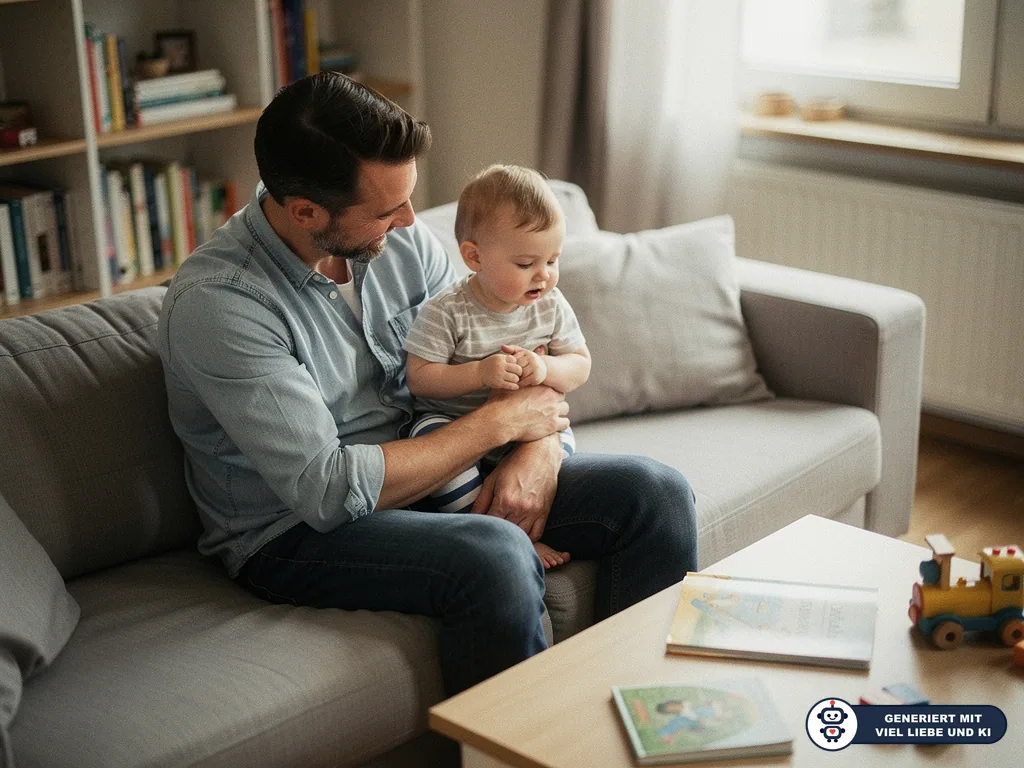 Vater sitzt mit Kleinkind auf dem Sofa und hält ruhig dessen Hand im Wohnzimmer mit Spielzeug und Büchern. (mit KI erstellt)