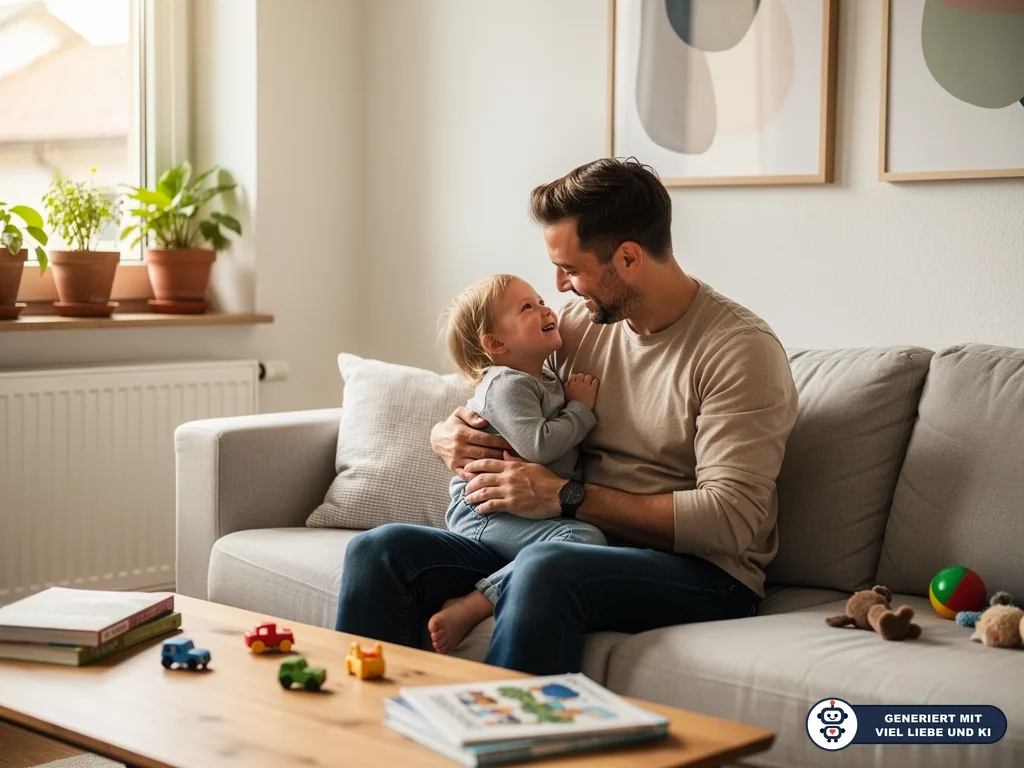 Vater sitzt mit Kleinkind auf dem Sofa und lächelt es in einem hellen Wohnzimmer liebevoll an. (mit KI erstellt)