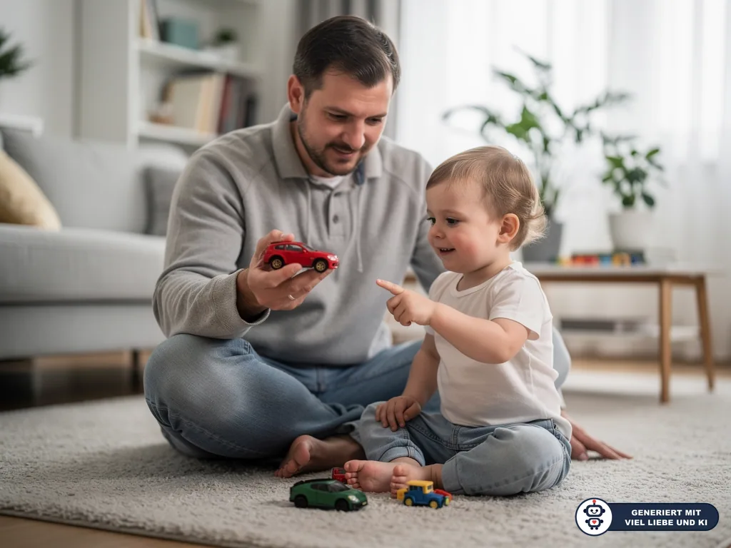Vater sitzt mit Kleinkind auf dem Teppich und zeigt ein rotes Spielzeugauto, das Kind zeigt darauf. (mit KI erstellt)