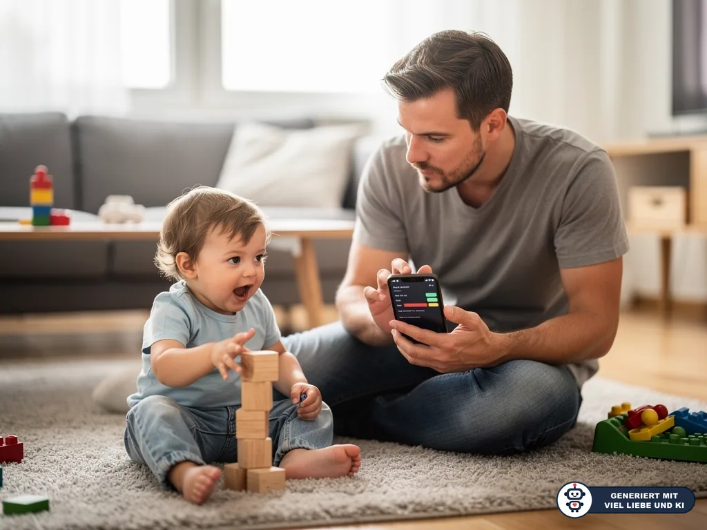 Vater sitzt mit Kleinkind auf dem Teppich und zeigt Smartphone-Einstellungen, Kind stapelt Holzklötze. (mit KI erstellt)