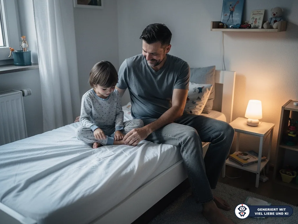Vater sitzt mit Kleinkind im Schlafanzug auf dem Bett; daneben Nachtlicht und eine Windel auf dem Boden. (mit KI erstellt)