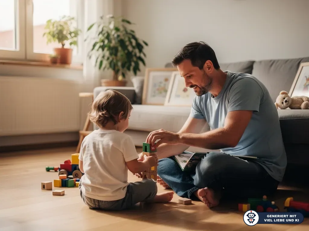 Vater sitzt mit Kleinkind im Wohnzimmer auf dem Boden und spielt mit bunten Holzbausteinen. (mit KI erstellt)