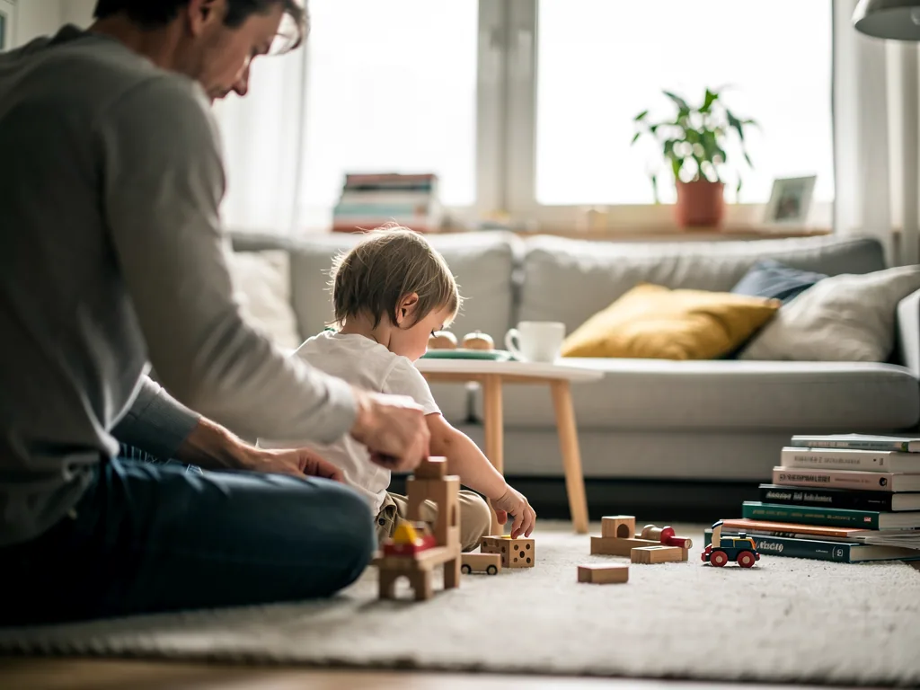 Vater sitzt mit Kleinkind im Wohnzimmer auf dem Teppich und spielt mit Holzbausteinen und Spielzeugautos.