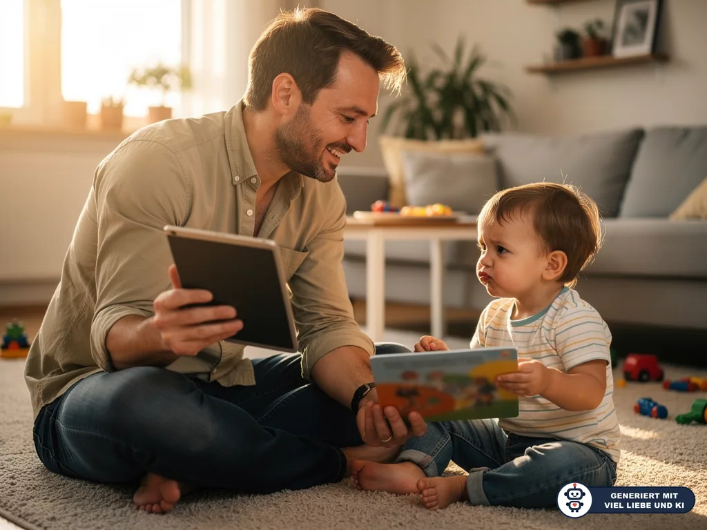 Vater sitzt mit Kleinkind im Wohnzimmer; er hält ein Tablet, das Kind ein Buch und schaut ihn an. (mit KI erstellt)