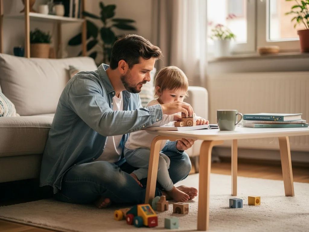 Vater sitzt mit Kleinkind im Wohnzimmer und spielt gemeinsam mit Holzklötzen am Couchtisch.