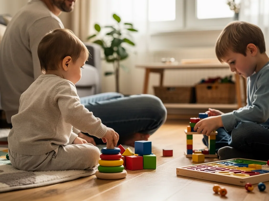 Vater sitzt mit Kleinkind und älterem Kind auf dem Boden; beide spielen mit Holzringen, Bauklötzen und Puzzle.