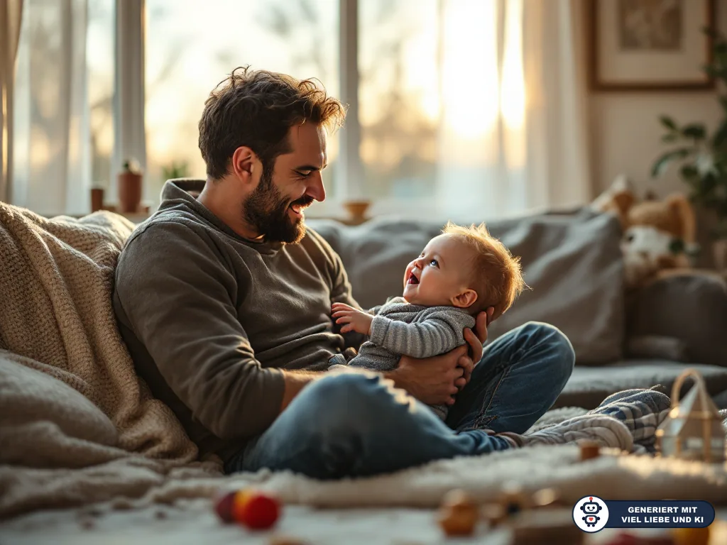 Vater sitzt mit lachendem Baby auf dem Sofa im warmen Wohnzimmerlicht. (mit KI erstellt)