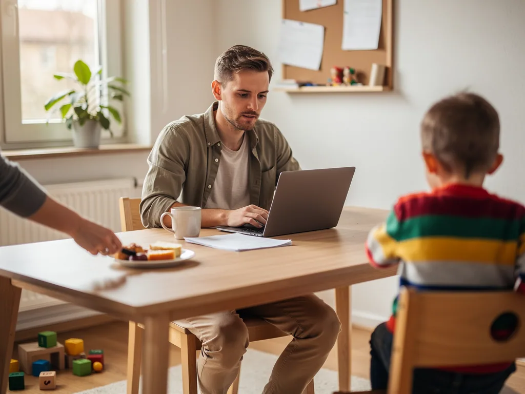 Vater sitzt mit Laptop und Unterlagen am Esstisch, während ein Kind gegenüber sitzt und eine Hand Essen hinstellt.