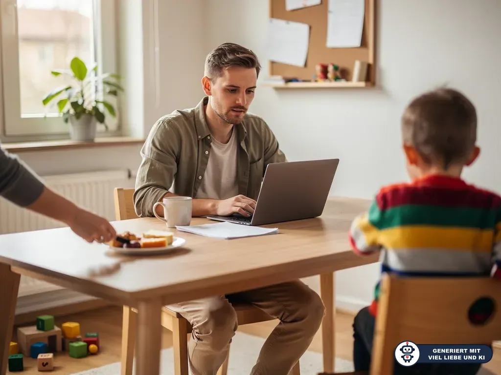 Vater sitzt mit Laptop und Unterlagen am Esstisch, während ein Kind gegenüber sitzt und eine Hand Essen hinstellt. (mit KI erstellt)
