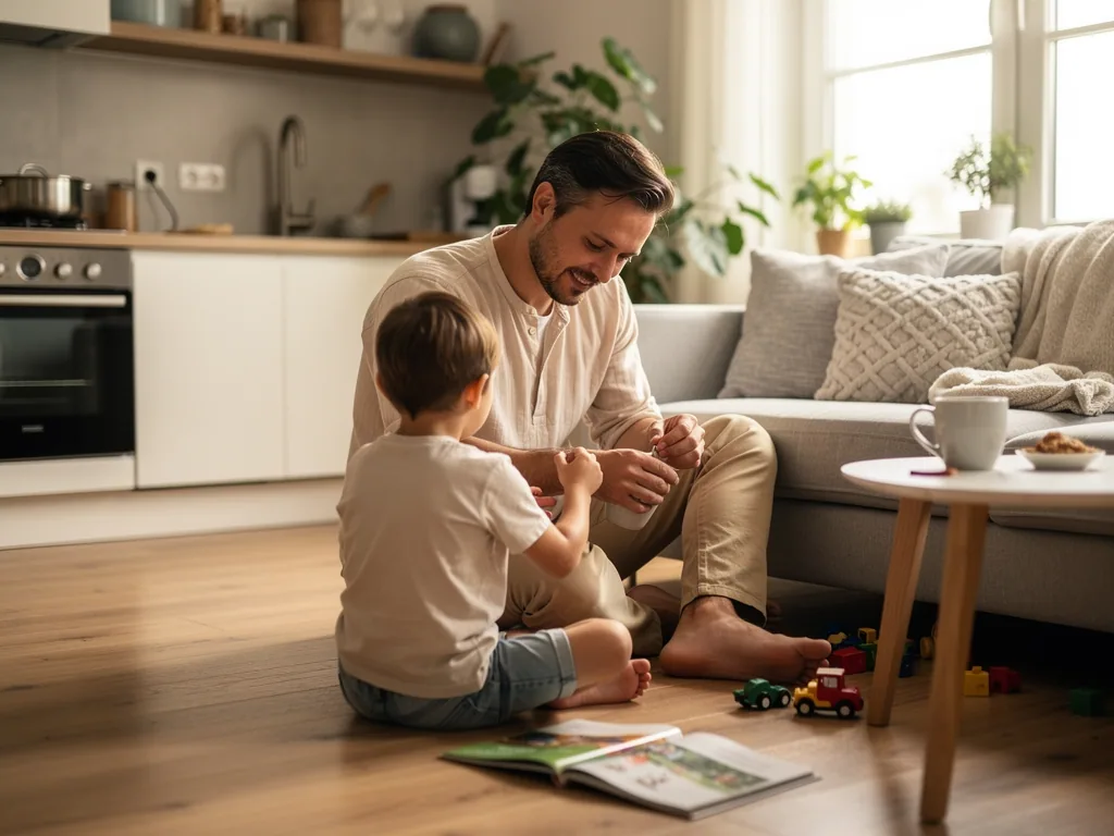 Vater sitzt mit seinem Kind im Wohnzimmer auf dem Boden und spielt mit Bauklötzen und Spielzeugautos.