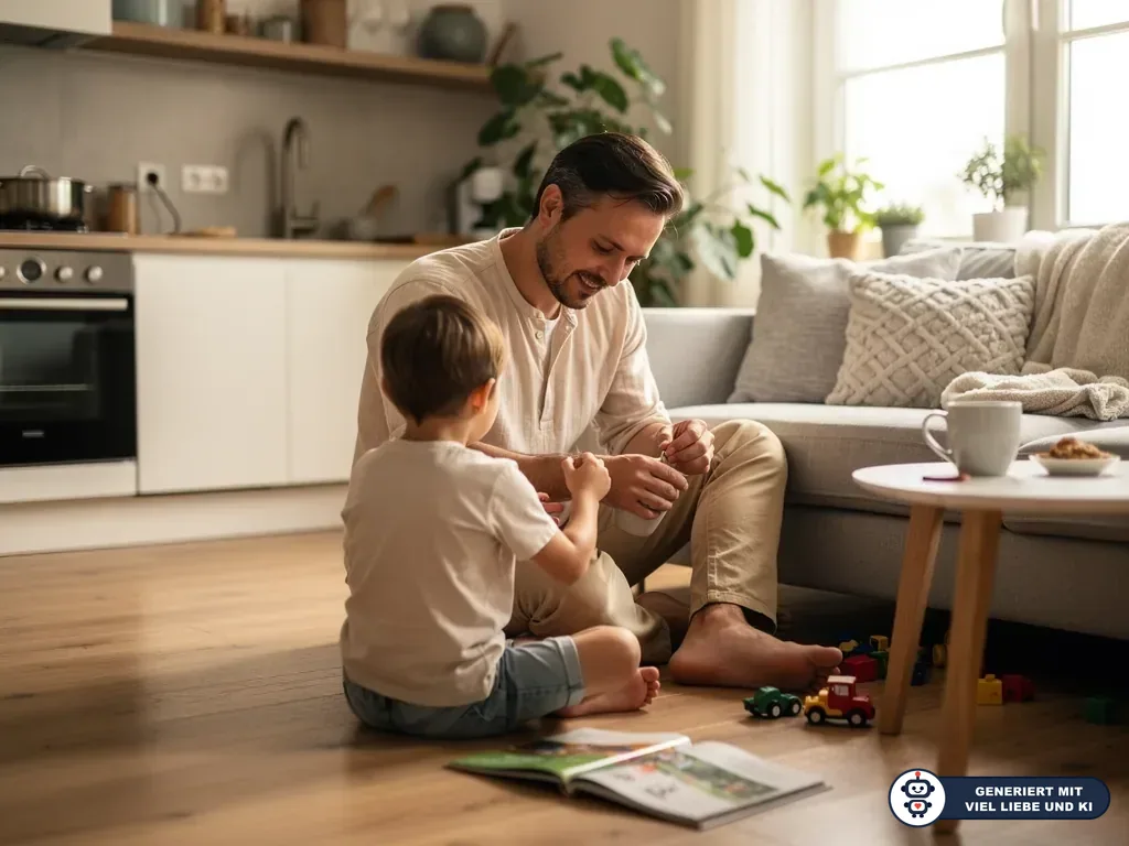 Vater sitzt mit seinem Kind im Wohnzimmer auf dem Boden und spielt mit Bauklötzen und Spielzeugautos. (mit KI erstellt)