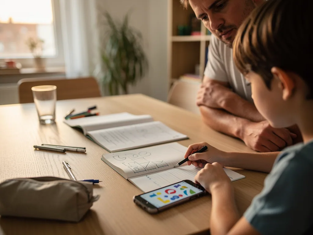 Vater sitzt mit seinem Sohn am Tisch; das Kind schreibt ins Heft, daneben liegt ein eingeschaltetes Smartphone.