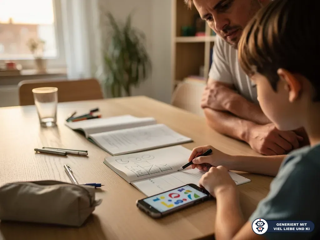 Vater sitzt mit seinem Sohn am Tisch; das Kind schreibt ins Heft, daneben liegt ein eingeschaltetes Smartphone. (mit KI erstellt)
