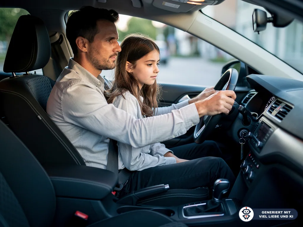 Vater sitzt mit seiner Tochter im geparkten Auto und hält ruhig das Lenkrad, beide schauen nach vorn. (mit KI erstellt)