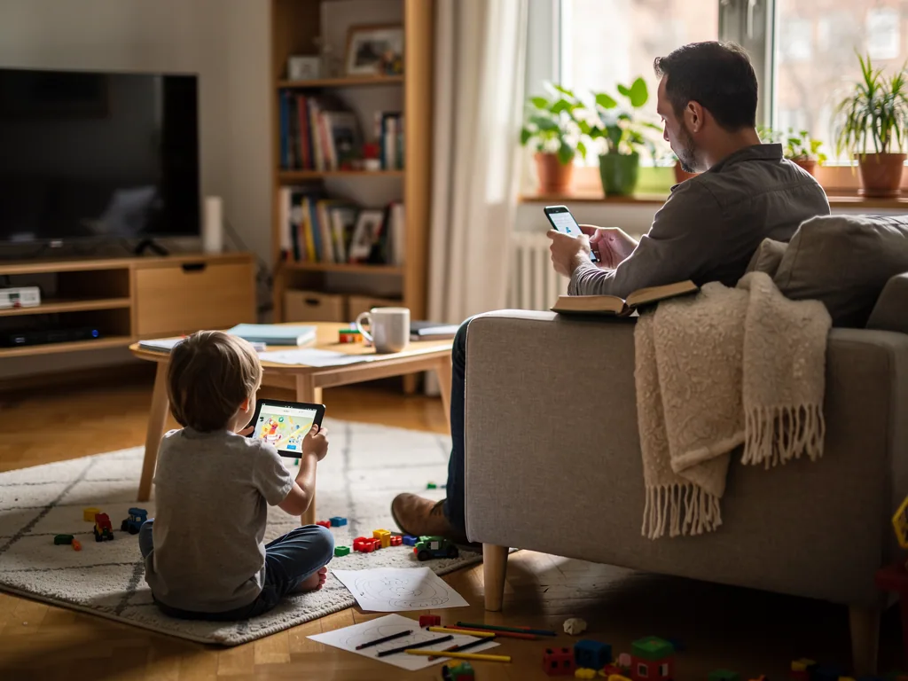 Vater sitzt mit Smartphone auf dem Sofa, Kind spielt im Wohnzimmer mit Tablet und Bauklötzen auf dem Teppich.