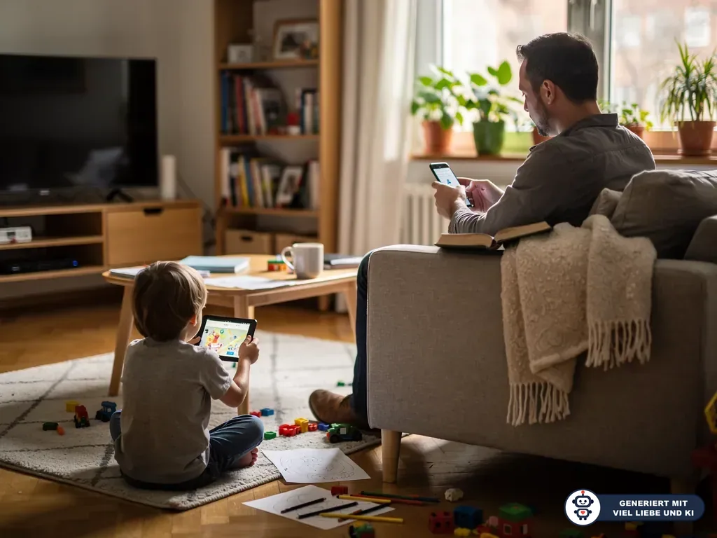Vater sitzt mit Smartphone auf dem Sofa, Kind spielt im Wohnzimmer mit Tablet und Bauklötzen auf dem Teppich. (mit KI erstellt)