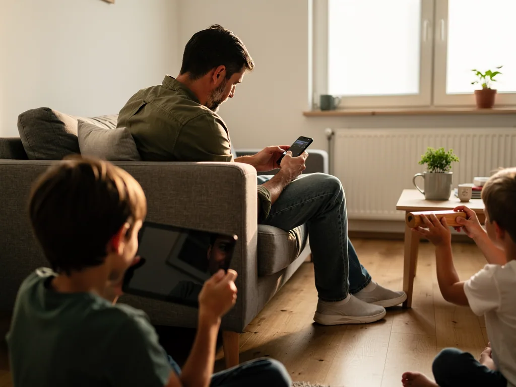 Vater sitzt mit Smartphone auf dem Sofa, zwei Kinder nutzen im Wohnzimmer Tablet und Spielzeug.