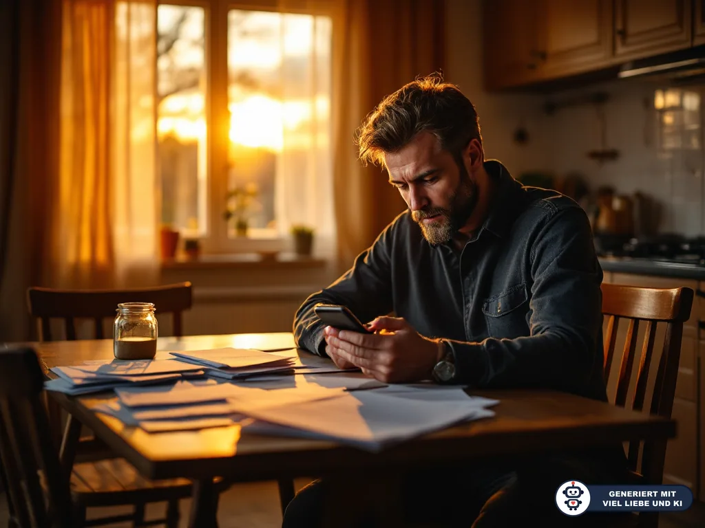 Vater sitzt mit Smartphone und Unterlagen am Küchentisch im Abendlicht und wirkt nachdenklich. (mit KI erstellt)