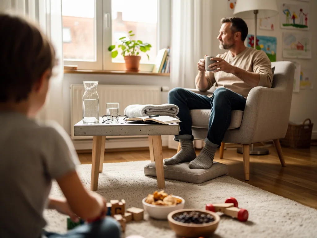 Vater sitzt mit Tasse im Sessel, während ein Kind im Wohnzimmer spielt; auf dem Tisch liegen Notizbuch und Wasser.