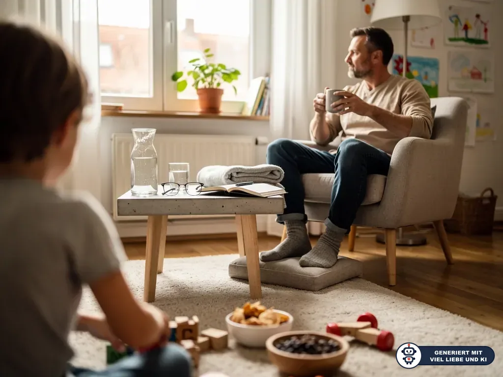 Vater sitzt mit Tasse im Sessel, während ein Kind im Wohnzimmer spielt; auf dem Tisch liegen Notizbuch und Wasser. (mit KI erstellt)