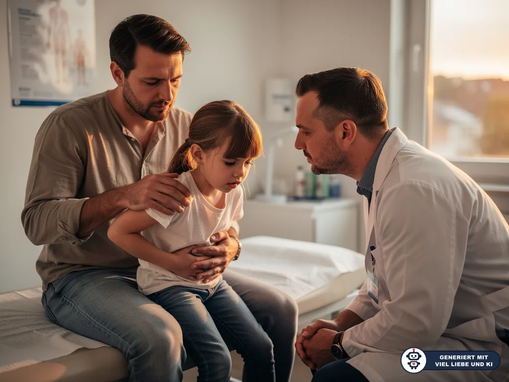 Vater sitzt mit Tochter auf der Untersuchungsliege und spricht mit einem Kinderarzt in der Praxis. (mit KI erstellt)