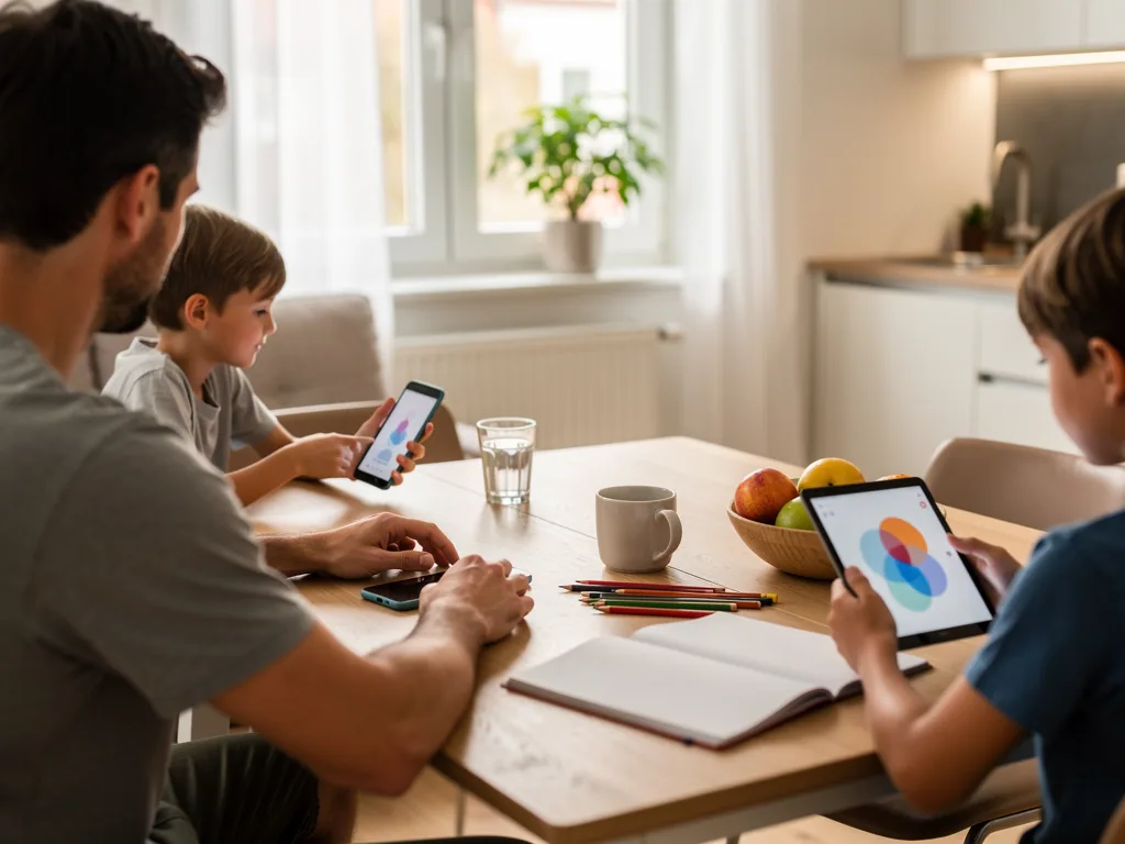 Vater sitzt mit zwei Kindern am Esstisch; die Jungen nutzen Smartphone und Tablet, Stifte und Obst liegen bereit.