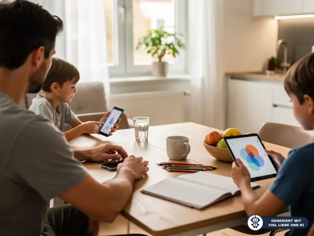 Vater sitzt mit zwei Kindern am Esstisch; die Jungen nutzen Smartphone und Tablet, Stifte und Obst liegen bereit. (mit KI erstellt)