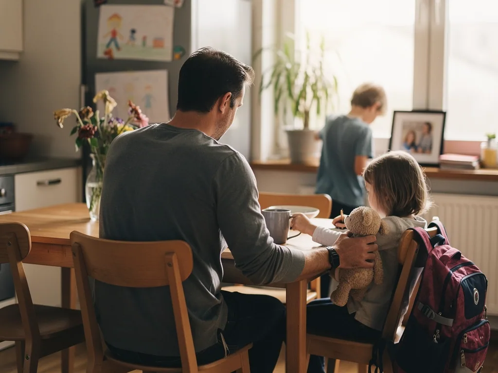 Vater sitzt mit zwei Kindern am Küchentisch; ein Kind hält ein Kuscheltier, daneben steht ein Familienfoto.